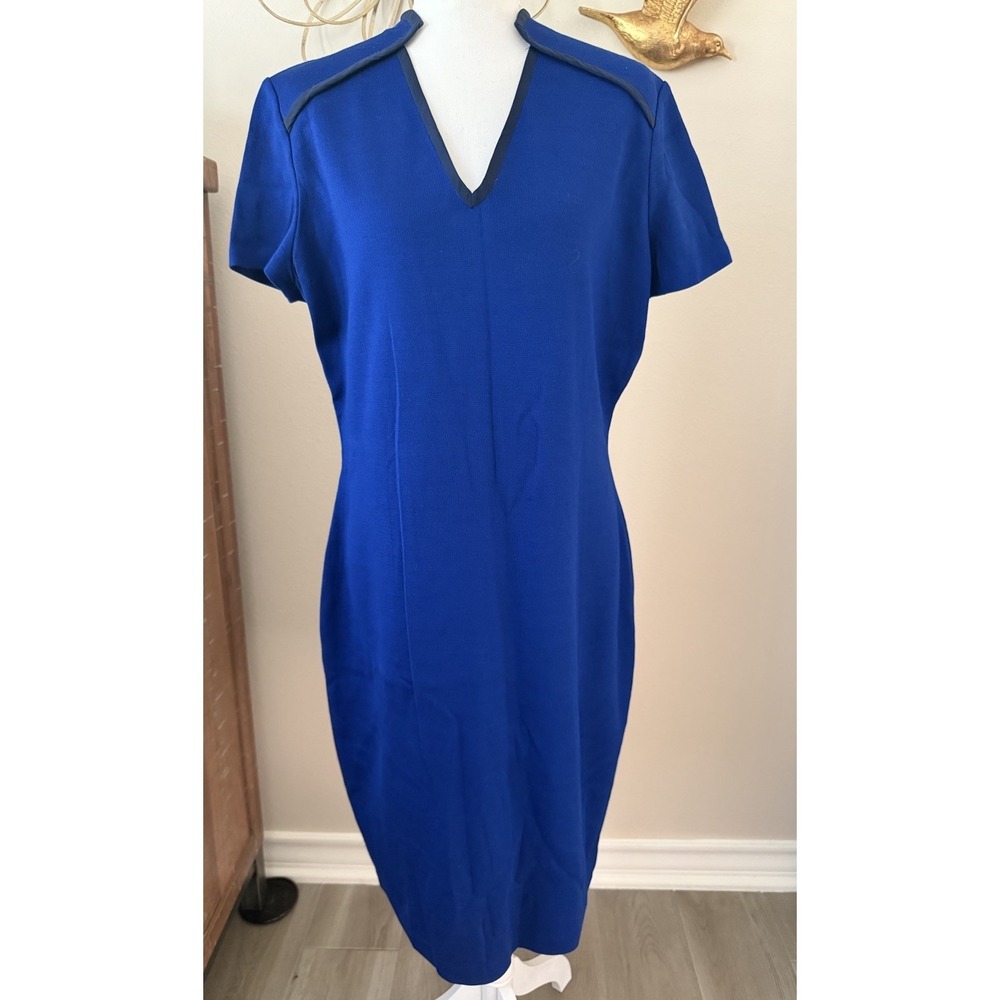 St John Collection Blue Wool Viscose Knit Sheath Dress Silk‎ Trim Size 10 USA